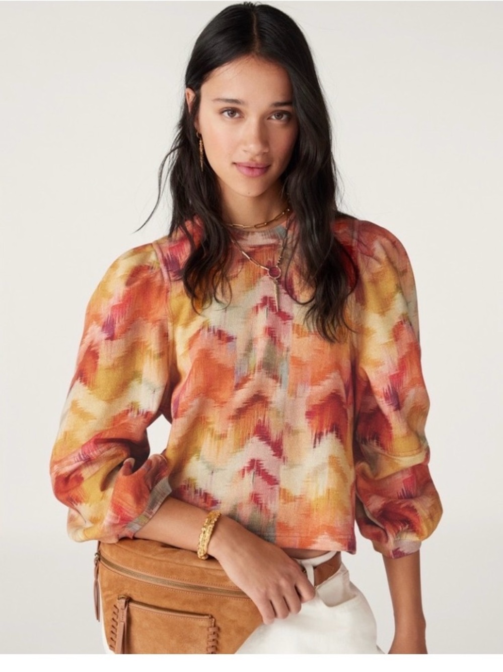ba&sh Multicolor Abstract Puff-Sleeve Blouse - Orange, Pink, Yellow